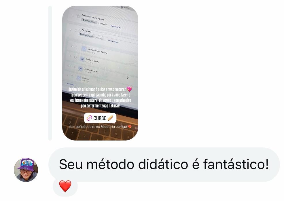 Mensagem de aluna elogiando o método didático do curso
