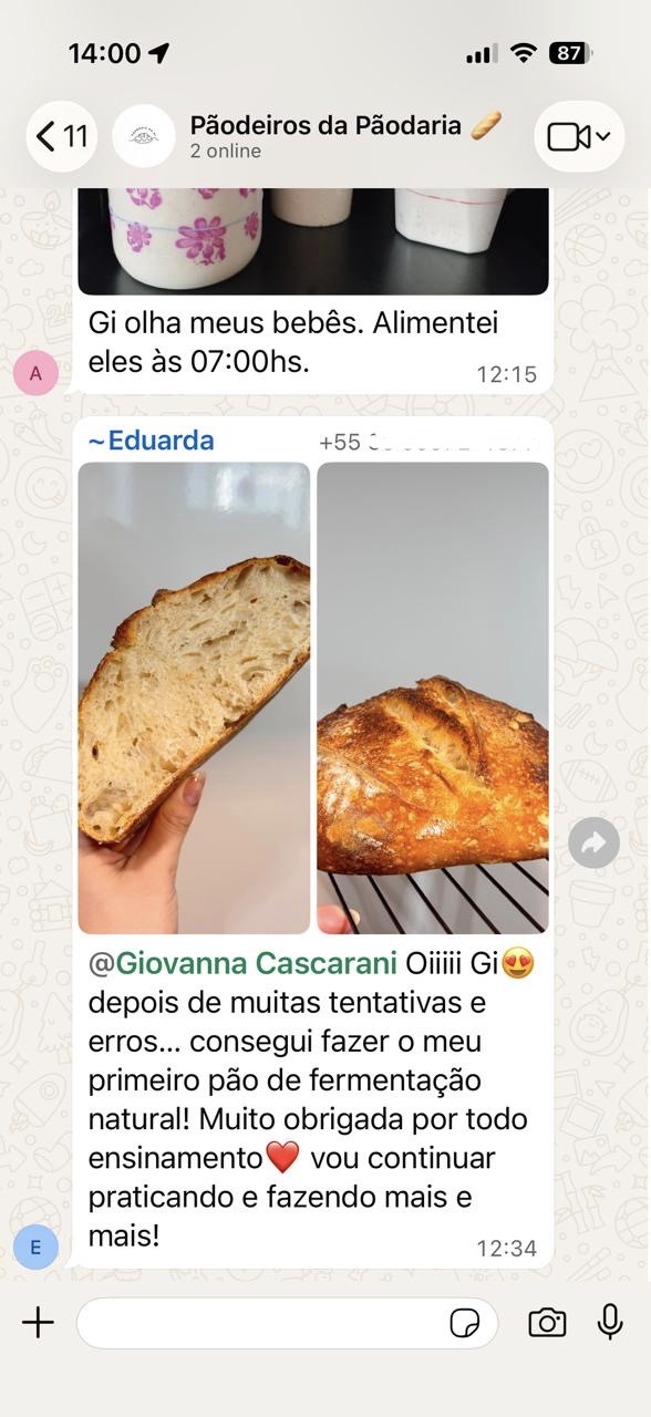 Mensagem de aluna com fotos do seu primeiro pão de fermentação natural