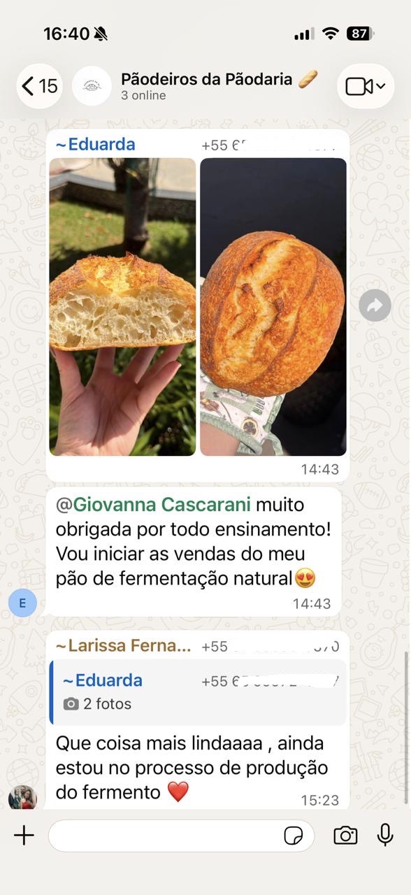 Mensagem de aluna com fotos dos seus pães contando que vai iniciar as vendas